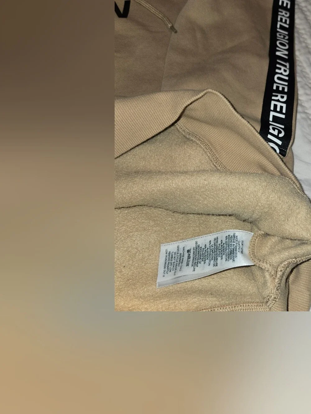 True Religion Men’s Tan Hoodie with Black Logo Tape